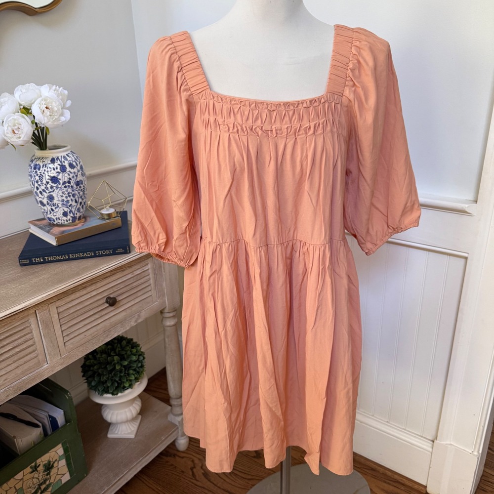 Sunland‎ 7 Peach Smocked Tiered Babydoll Mini Dress Square Neck Puff Sleeve S